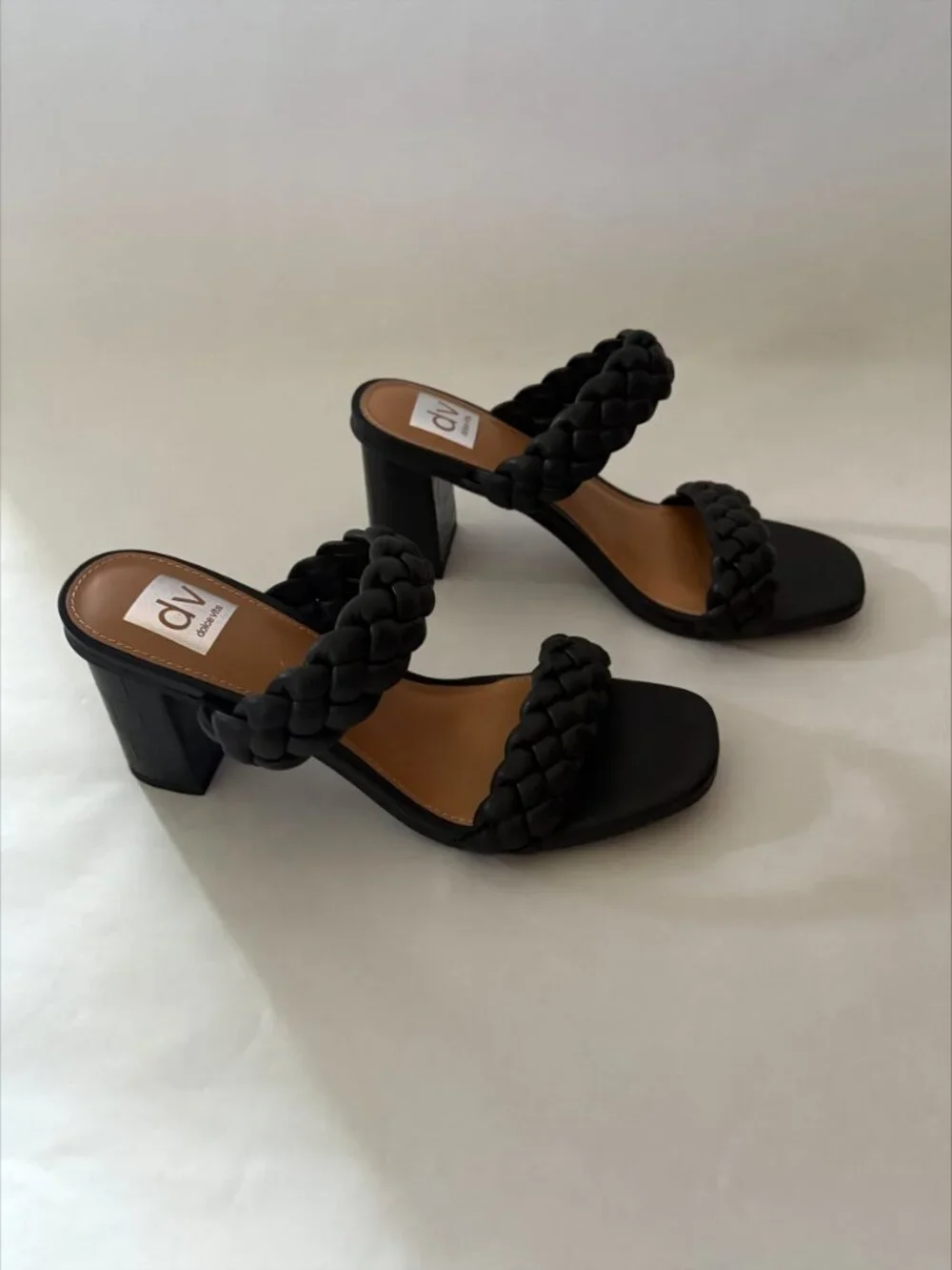 New Dolce Vita Black Braided Leather Slides Block Heels Size 8.5
